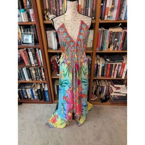 NWOT Ranee's Halter Open-Back Maxi Coverup Dress in Green Blue Multi